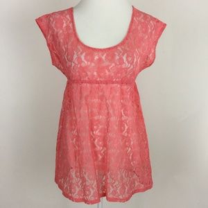 Free People Coral Lace Sheer Top S/P